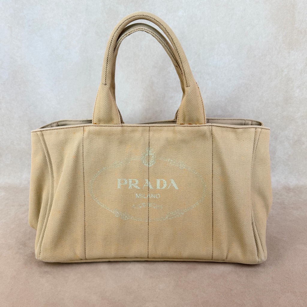 Prada Canapa Large Beige Canvas Tote Bag Gold Hardware
